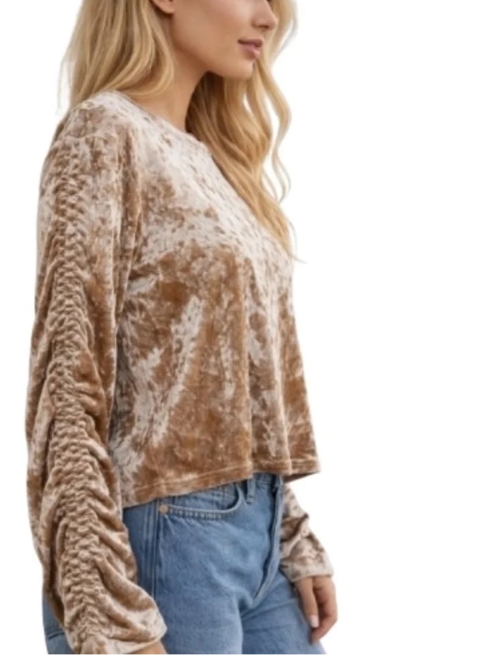 Mello Day Taupe/Champagne Crushed Velvet Long-Sleeve Top with Ruched Sleeves XL